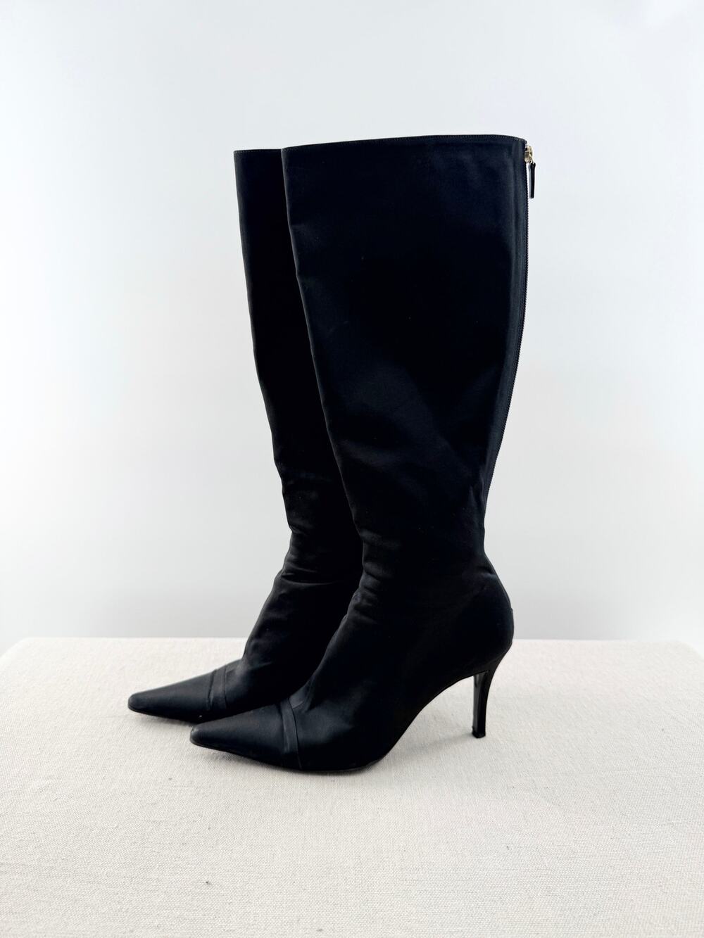 Escada Satin Pull On Pointed Toe Knee High Heeled Boots Black Women's Size EU 40